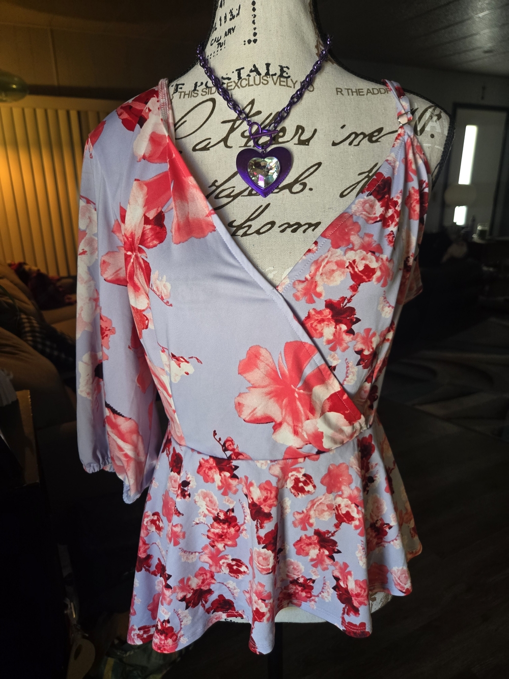 Venus Lavender Floral Faux Wrap Top. One Sleeve One Cold Shoulder. Peplum Bottom